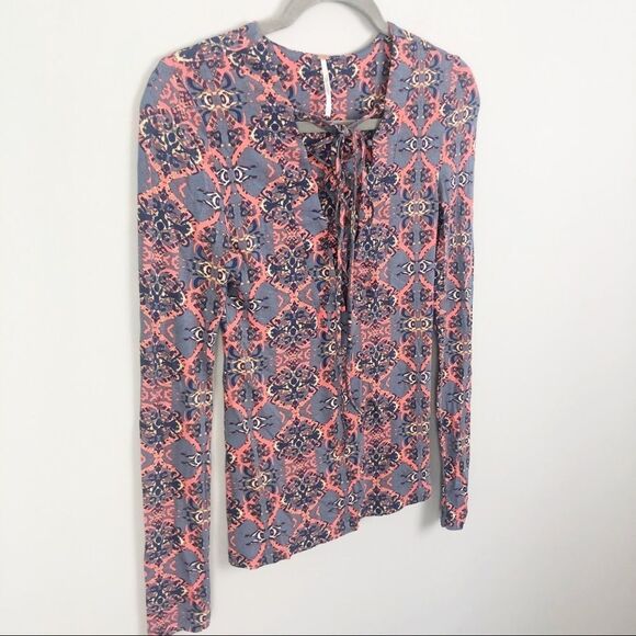 FREE PEOPLE | Blue & Orange Print Lace Up Front Top Long Sleeve Women’s Size XS - Picture 2 of 7